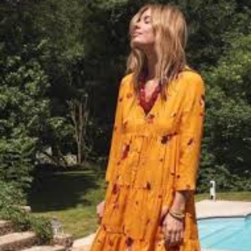 Sezane Robe Aure Silk A Line Metallic Floral Dress